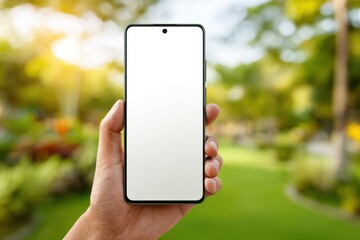 Poster - A hand holds a modern smartphone with a blank white screen in a blurred park, showing the potential for mobile applications and technology integration.
