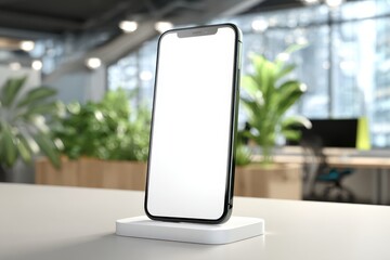 Poster - A close-up of a modern smartphone with a blank white screen, perfect for showcasing app designs, product promotions, or user interface mockups on a minimalist office backdrop.