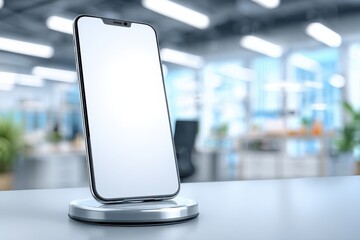 Poster - A modern smartphone with a blank white screen sitting on a stand, displayed in a blurred office environment for presentation and app development mockups.