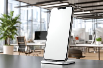 Aufkleber - A sleek smartphone with a blank white screen rests on a charging stand in a modern office setting, offering a clean and contemporary design for various mockups.
