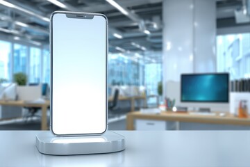 Poster - A modern smartphone with a blank white screen sits on a charging stand in a bright, contemporary office space, showcasing clean design and technological integration.