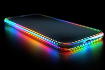 Aufkleber - A close-up studio shot of a modern smartphone with a vibrant, colorful light trim, sitting against a black background creating a sleek and sophisticated appearance.