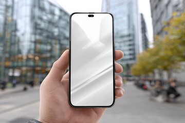 Aufkleber - A modern smartphone in a hand against the backdrop of city architecture with blurred building and trees, reflecting light on a blank white screen ready for content