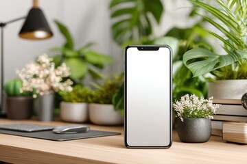 Aufkleber - A modern smartphone with a blank screen sits on a wooden desk surrounded by lush green plants and a stylish desk lamp in a bright and airy office space.
