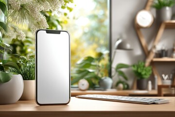 Aufkleber - A modern smartphone with a blank white screen on a wooden desk surrounded by indoor plants and a blurred background creates a calm and natural workspace.