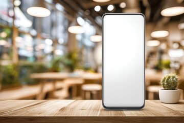 Aufkleber - A modern smartphone with blank white screen on a wooden table in a coffee shop, with a blurred background showcasing a cozy and inviting ambiance, with natural light.