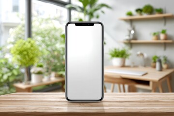 Aufkleber - An isolated mobile phone with a blank white screen is showcased on a wooden desk, set against the backdrop of a green garden view from the window.