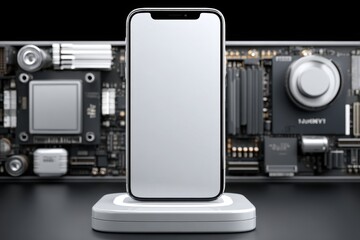 Poster - a modern smartphone with a blank screen resting on a wireless charging pad, with a circuit board in 