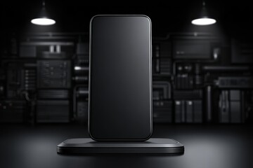 Poster - A sleek and modern smartphone mockup on a pedestal with a dark, techy background, creating a sophisticated and contemporary product showcase for advertising.