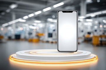 Poster - A modern frameless smartphone with a white blank screen on a futuristic podium, ready for advertising, showcasing innovation in technology and sleek design.