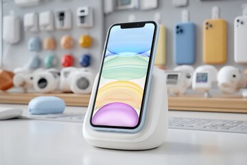 Poster - Close-up of a modern smartphone charging wirelessly on a sleek white charging dock, displaying a colorful wallpaper, with various gadgets in the background, creating a trendy tech scene.
