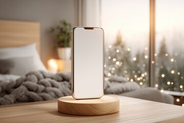 Poster - Modern golden smartphone with white screen on a wooden stand against blurred winter background, showcasing device features in a cozy, bright, and inviting interior setting.