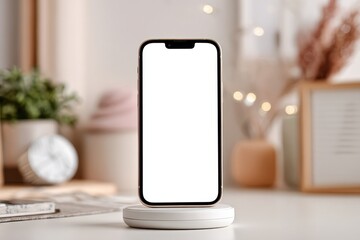 Poster - A modern smartphone with a blank white screen on a wireless charger, sitting on a desk with decorative elements, creating a cozy and stylish workspace setting.