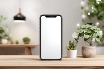 Aufkleber - Modern smartphone with blank screen display on wooden desk surrounded by plants and blurred background with light decoration, ready to showcase mobile application.
