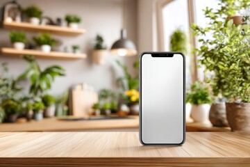 Poster - A modern smartphone with a blank white screen placed on a wooden table surface, surrounded by indoor plants creating a natural and calming environment for advertising purposes.