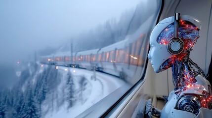 Poster - Humanoid Robot on Train in Futuristic Cityscape, sleek robot with headphones, observing vibrant cities rush by, blending technology with urban life in a dynamic journey.