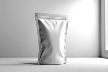 Poster - An elegant and modern blank silver stand-up pouch for food and product packaging, with ample space for label and brand design in a minimalist studio setting.