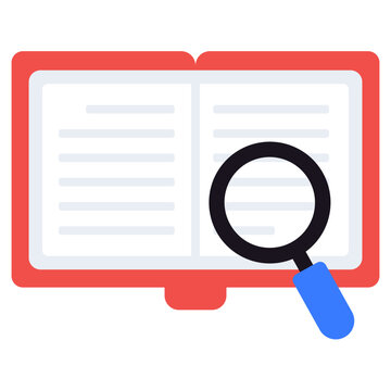 Red Book with Magnifying Glass Icon Flat Vector Illustration for Search Research Education and Information Discovery