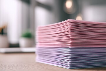Poster - A close-up of a neatly stacked pile of colorful paper on a wooden desk, creating a vibrant and organized workspace, perfect for office supplies or stationery concepts.