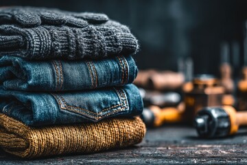 Poster - A neatly stacked pile of folded jeans and cozy knitwear clothing, prepared for the cool weather of autumn and winter with tools in the background.