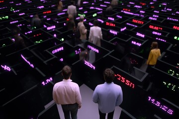 Poster - Two individuals observe a maze of digital data displays during an innovative technology event in a modern exhibition space