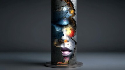 Poster - An abstract sculpture in the form of a cylinder with cracks from which elements of a human face, eyes and lips are visible, with the effect of light and sparks