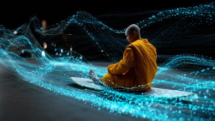 Poster - A monk in orange robes meditates on a surfboard surrounded by digital waves and glowing particles in a nighttime setting