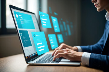 Poster - Businessman Using Laptop with Online Forms and Data Interface