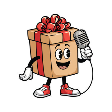 A cheerful cartoon gift box character with expressive eyes, wearing red sneakers and white gloves, is standing upright while holding a vintage-style microphone