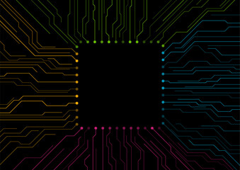 Aufkleber - Colorful circuit board lines abstract futuristic tech drawing on black background. Vector CPU chip digital art design
