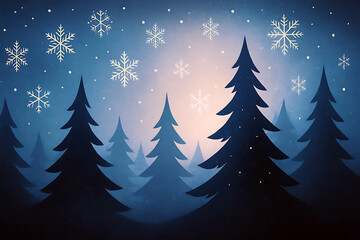 Blue Winter Forest Silhouette Snowflakes Background