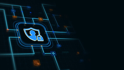 Poster - Blue 3d privacy data icon in a rounded rectangle with circuit, connections and blue grid at the left of a dark background, horizontal composition. Technology background for graphic design.