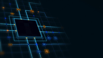 Poster - Black 3d empty chip in a square with glowing circuit, line connections and blue grid at the left of a dark background, horizontal composition. Technology background for graphic design.
