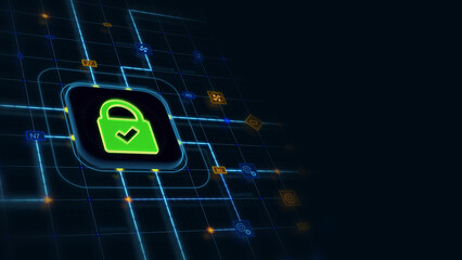 Poster - Green 3d checkmark security lock in a rounded rectangle with circuit, connections and blue grid at the left of a dark background, horizontal composition. Technology background for graphic design.