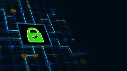 Poster - Green 3d checkmark security lock in a square with circuit, connections and blue grid at the left of a dark background, horizontal composition. Technology background for graphic design.