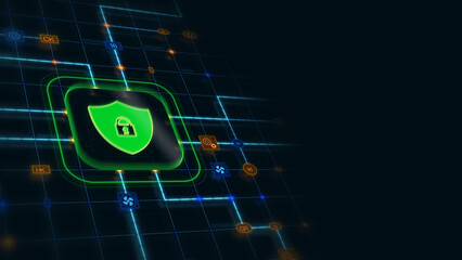 Poster - Green 3d shield lock in a rounded rectangle with circuit, connections and blue grid at the left of a dark background, horizontal composition. Technology background for graphic design.