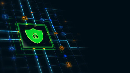 Poster - Green 3d shield lock in a square with circuit, connections and blue grid at the left of a dark background, horizontal composition. Technology background for graphic design.