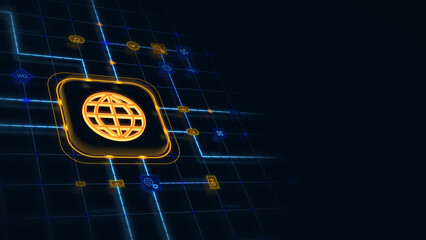 Poster - Orange 3d world globe line in a rounded rectangle with circuit, connections and blue grid at the left of a dark background, horizontal composition. Technology background for graphic design.