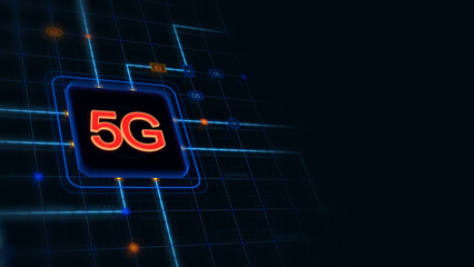 Poster - Red 3d 5G in a rounded rectangle with glowing circuit, line connections and blue grid at the left of a dark background, horizontal composition. Technology background for graphic design.