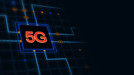 Poster - Red 3d 5G in a square with glowing circuit, line connections and blue grid at the left of a dark background, horizontal composition. Technology background for graphic design.