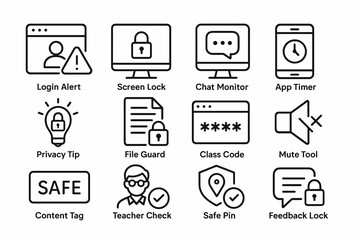 Security and privacy icons: login alert, screen lock, chat monitor, app timer