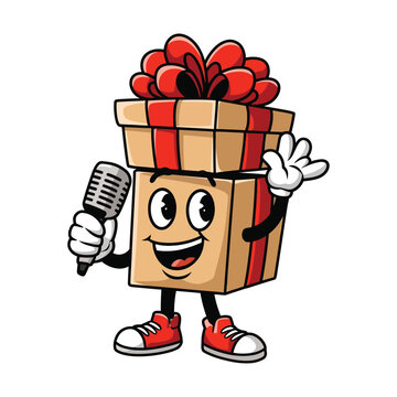 A cheerful cartoon gift box character with expressive eyes, wearing red sneakers and white gloves, is standing upright while holding a vintage-style microphone