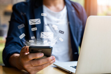 Poster - Businessman Receiving Numerous Emails on Smartphone and Laptop