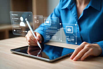Poster - Woman using digital pen on tablet with holographic user interface showing data analysis and cloud storage
