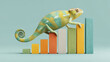 © jiratip - A chameleon climbing up a bar graph, symbolizing growth, adaptation, and strategy. It suggests flexibility and the ability to adapt to changing circumstances