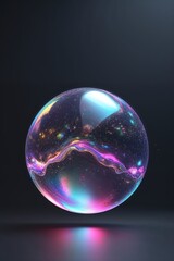 Poster - Colorful cosmic bubble floating in a dark space background with vibrant colors and reflections highlighting intricate patterns