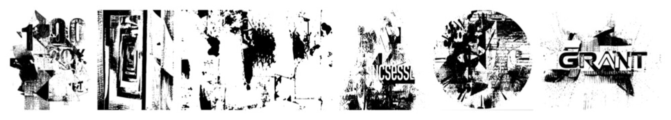  Vector Distressed typographic designs with fragmented letterforms and textural elements.