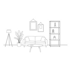 Living room interior design with sofa plant and bookshelf isolated on white