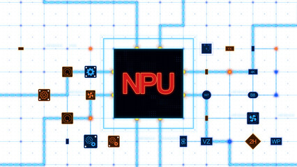 Poster - Red NPU at the center of a square with circuit, connections and blue grid on a transparent background, horizontal composition. Overlay texture for graphic design.