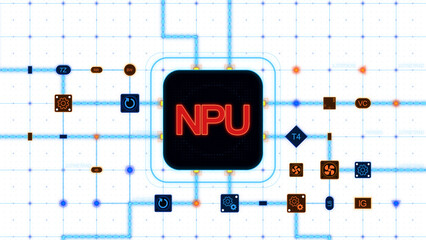 Poster - Red NPU at the center of a rounded rectangle with circuit, connections and blue grid on a transparent background, horizontal composition. Overlay texture for graphic design.